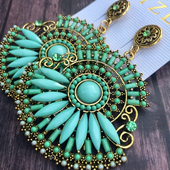 Mint green large rhinestone statement earrings - Picture 2 of 6